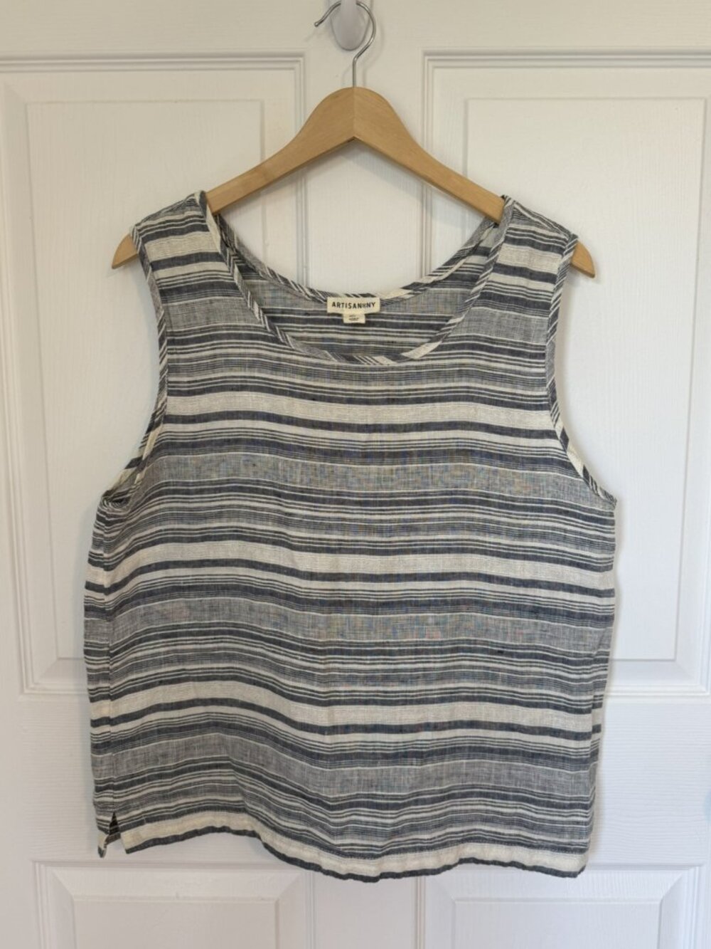 Artisan NY 100% Linen Blue Ivory Striped Tank Top Size Large